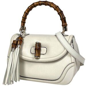 Gucci New Bamboo 2-Way Shoulder Bag Fringe Leather White